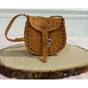 Vintage Tooled Tan Leather Crossbody Bag With Embossed Details & Stitching